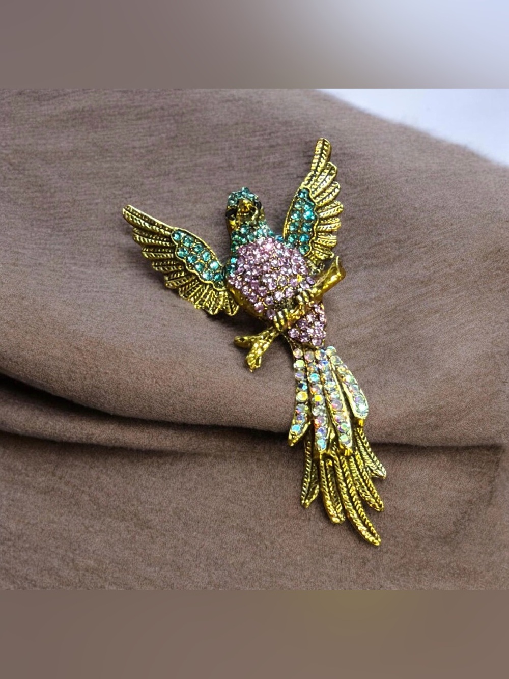 Vintage Gold Tone Rhinestone Parrot Bird Pin Brooch Tropical Colorful Crystal